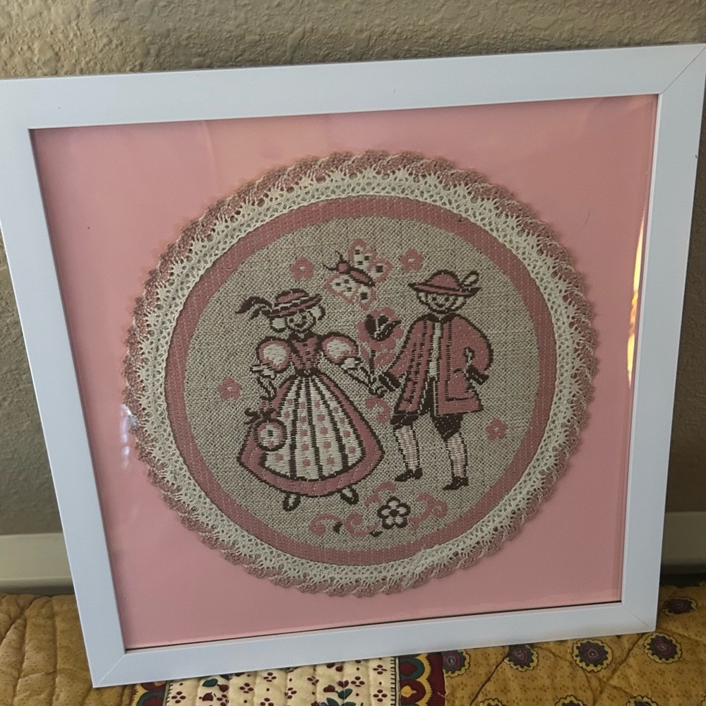 Antique Linen Doily Framed Vintage Embroidery Art in Pink and White